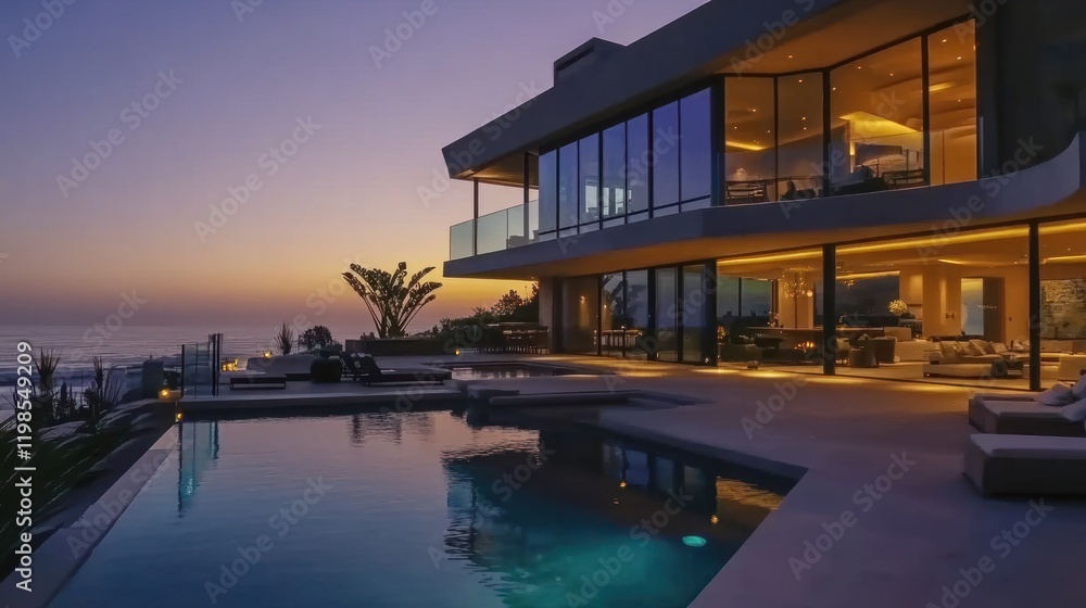 Luxury Oceanfront Villa at Sunset: Modern Architecture and Tranquil Views Luxury Oceanfront Villa at Sunset: Modern Architecture and Tranquil Views