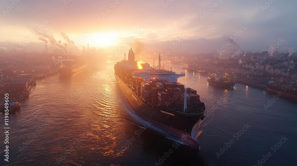 Container ship sunset harbor import export Container ship sunset harbor import export