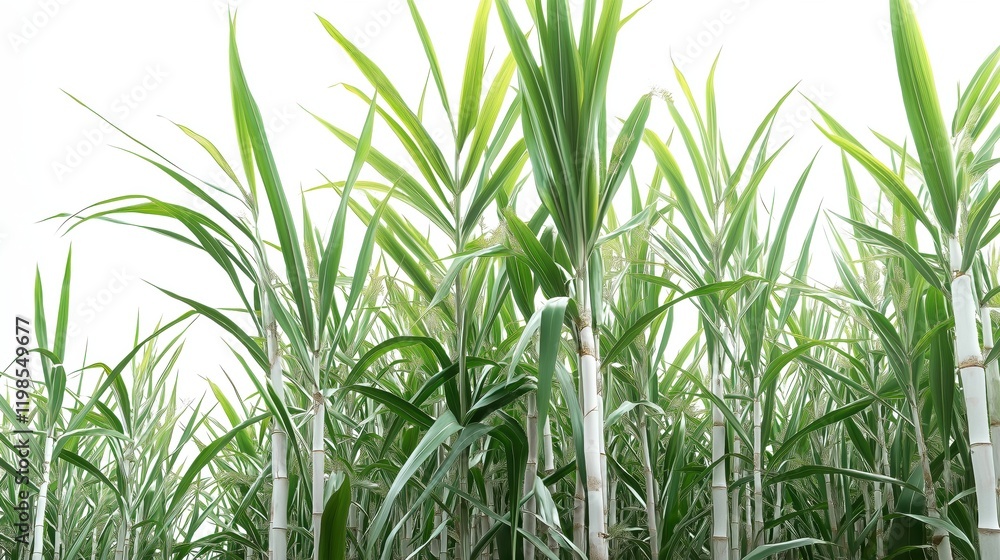 Fototapeta premium Large sugarcane plantation with many tall green leaves and white canes, against a white background 