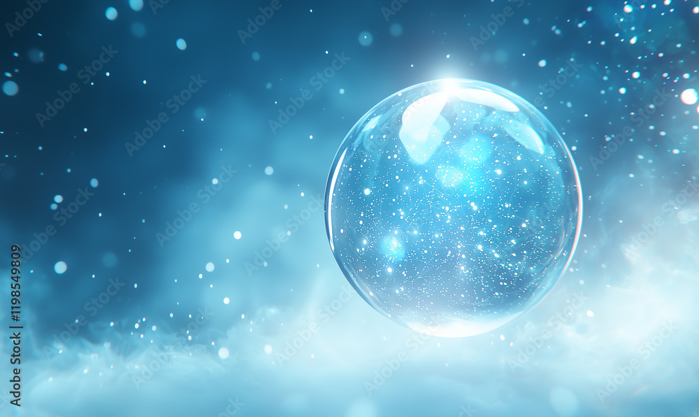 A luminous bubble floats amidst a dreamy, misty blue background. A luminous bubble floats amidst a dreamy, misty blue background.