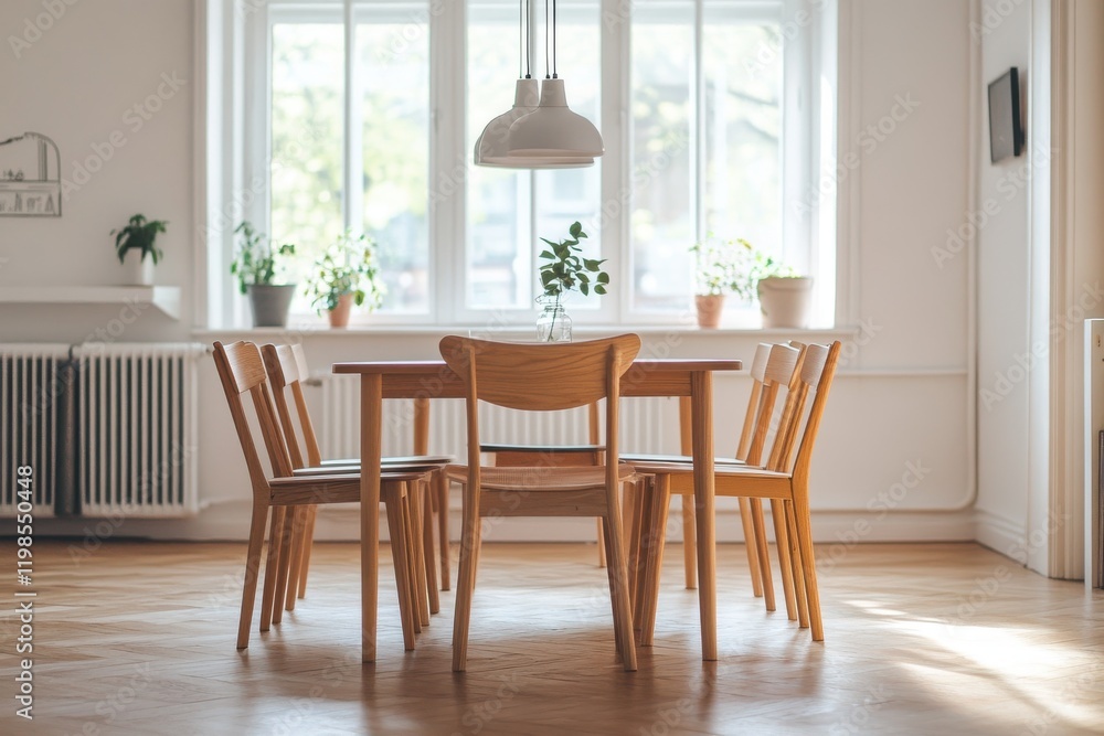 Fototapeta premium Minimalist dining room mid-century modern furniture, wooden chairs