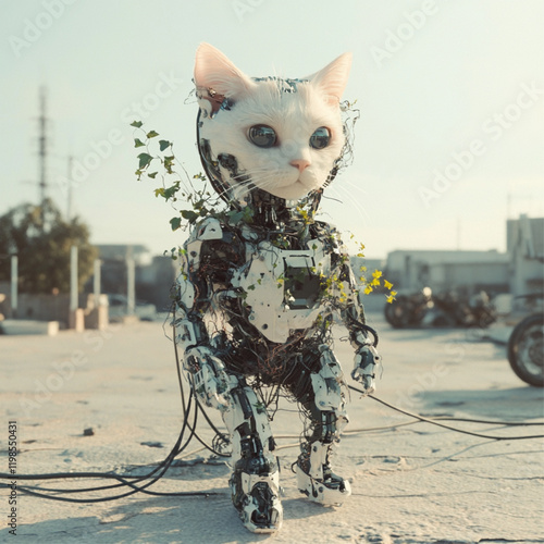 A white robotic cat with a biomechanical design and emerging plant life.eps