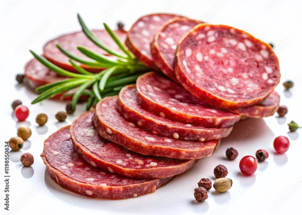 Delicious Peppered Salami Slices Isolated on White Background - High-Resolution Stock Photo Delicious Peppered Salami Slices Isolated on White Background - High-Resolution Stock Photo