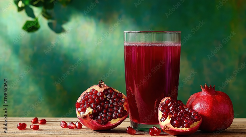 Pomegranate juice in a glass surrounded by pomegranates on a table Pomegranate juice in a glass surrounded by pomegranates on a table