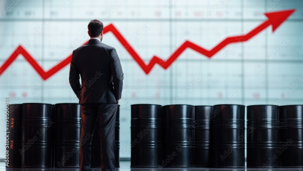 A man in a suit stands in front of a large screen showing a positive stock market trend. Black oil drums are positioned in the foreground, symbolizing economic themes