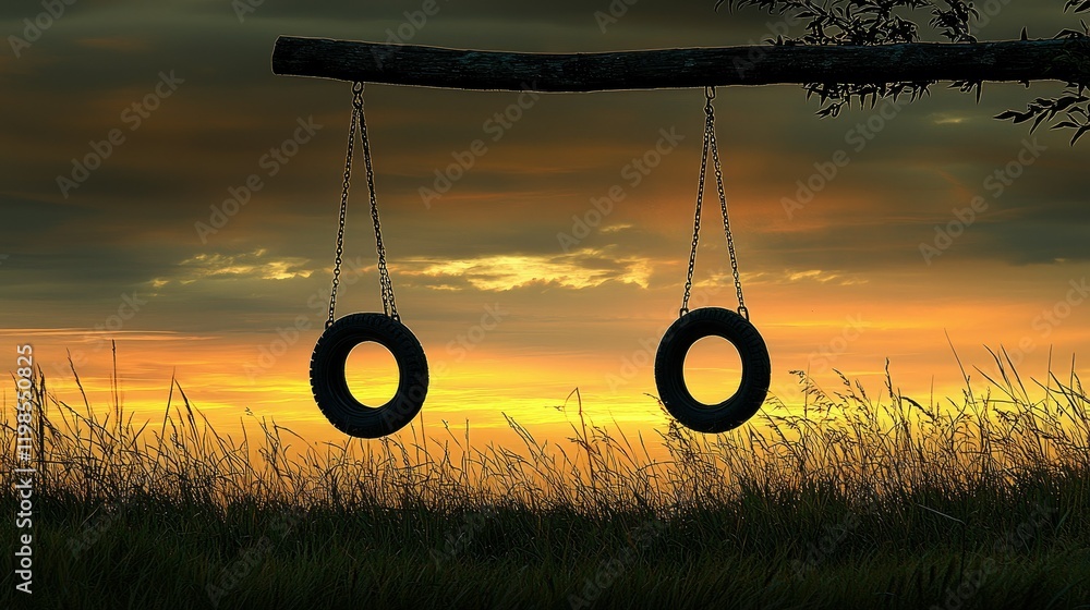 Tire Swings Silhouette at Sunset Landscape Tire Swings Silhouette at Sunset Landscape