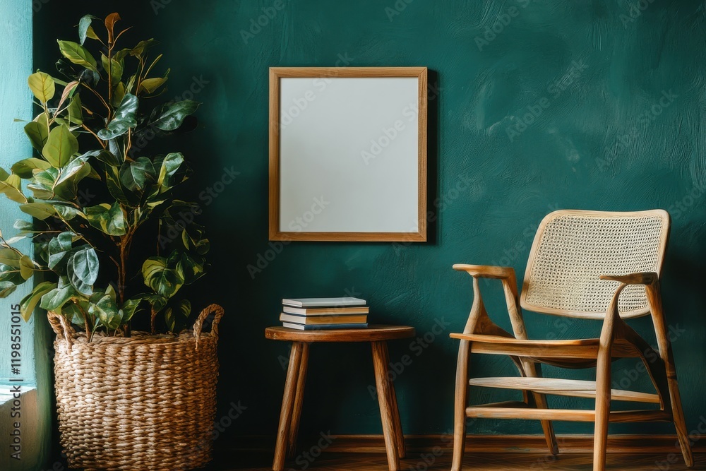 Minimalist interior design blank picture frame on a teal wall wooden side table with books Minimalist interior design blank picture frame on a teal wall wooden side table with books