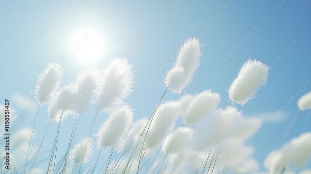 Fluffy white plants sway gently in a bright sunny sky. Fluffy white plants sway gently in a bright sunny sky.