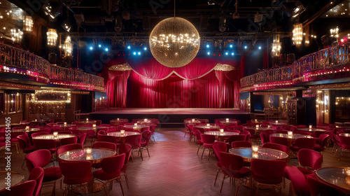 stunning cabaret style stage with large disco ball, red velvet curtains, and elegant seating. vibrant atmosphere is perfect for entertainment and performances