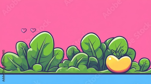 Playful garden illustration with heart-shaped leaves and yellow fruit digital art vibrant background whimsical style