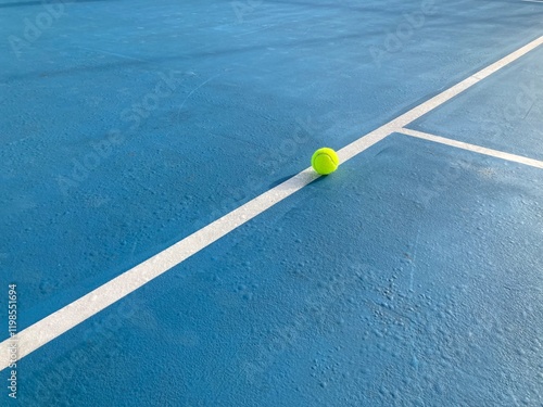 A bright green tennis ball lands on the white backline near the center of a bright blue tennis court, scoring a beautiful point for the competitor photo