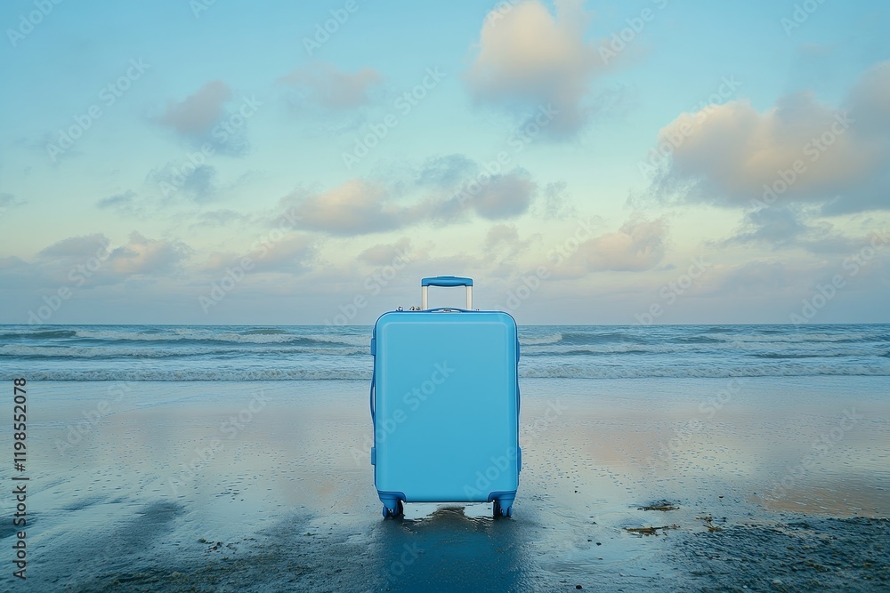 Blue suitcase on a tranquil beach at sunset. Blue suitcase on a tranquil beach at sunset.