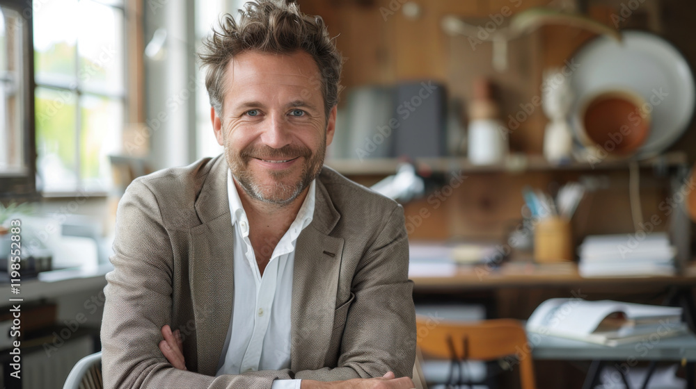 Naklejka premium Smiling middle-aged businessman in a bright modern cafe sitting at a table enjoying coffee 