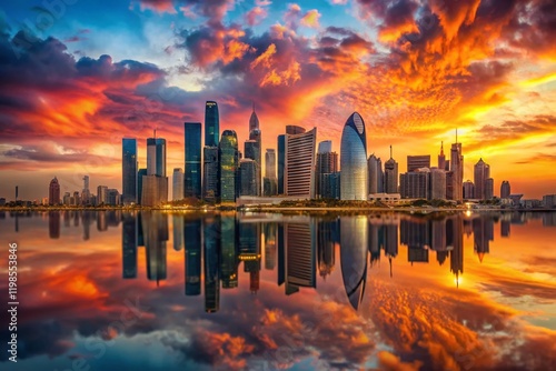 Doha Skyline Double Exposure: West Bay & Cityscape at Sunset