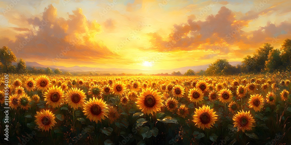 Obraz premium Sunflower Field at Sunset - Generative AI