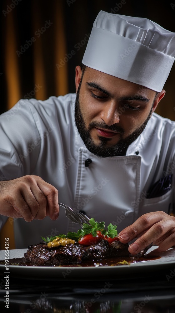 A Talented Chef Preparing a Gourmet Steak Dish with Exquisite Garnishes A Talented Chef Preparing a Gourmet Steak Dish with Exquisite Garnishes