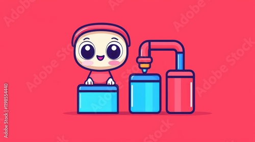 Playful cartoon character operating colorful machinery in a bright studio environment engaging visual content