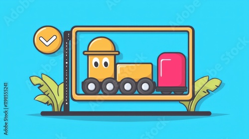Colorful cartoon train passing through a digital frame in a vibrant blue environment