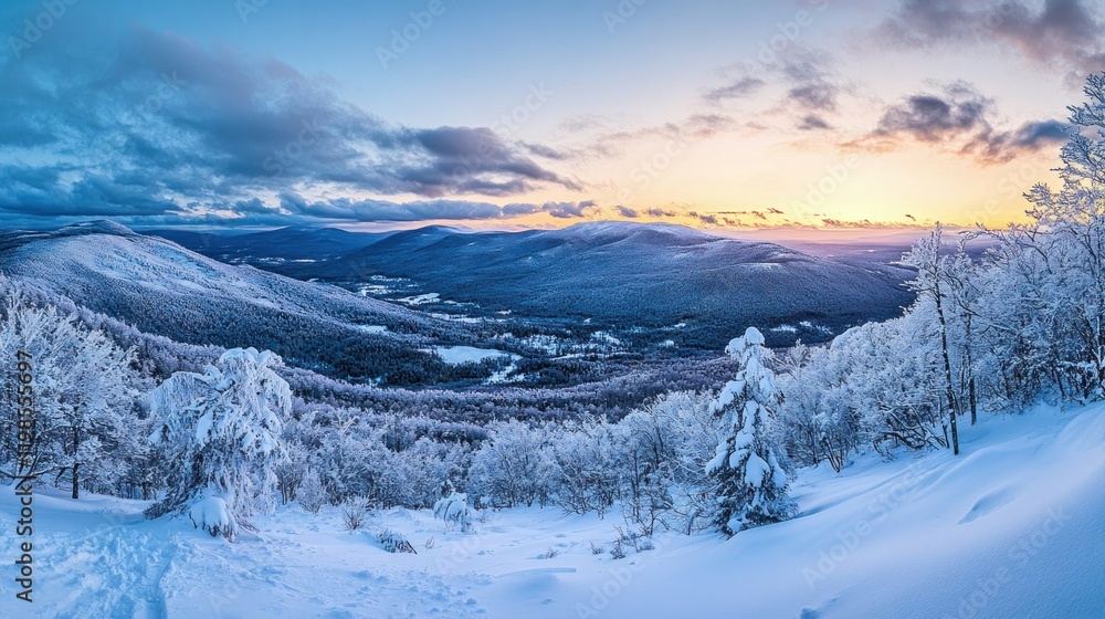 Snowy Mountain Landscape at Sunset with a Beautiful Sky and Layers of Snow Covered Trees Snowy Mountain Landscape at Sunset with a Beautiful Sky and Layers of Snow Covered Trees