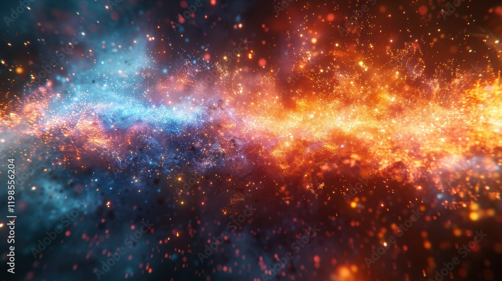 Fototapeta premium Fiery Cosmic Nebula Abstract 8K Background with Orange and Blue Sparks