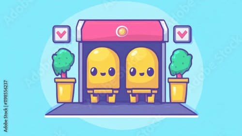 Playful characters waiting at a modern bus stop urban setting digital illustration cheerful atmosphere bright colors