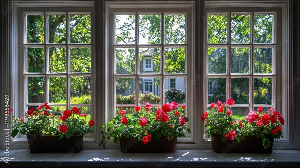 Fototapeta premium Brightly lit window view showcasing vibrant flowers in pots, with a lush garden background