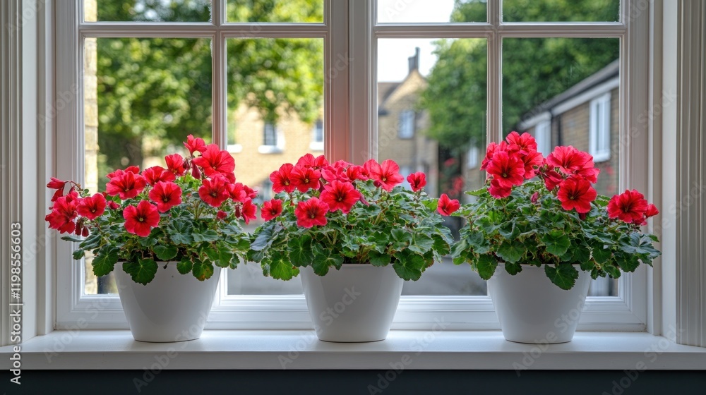 Fototapeta premium Brightly colored red flowers in white pots on a sunny window sill with a charming neighborhood view