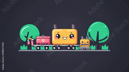 Charming cartoon train adventure playful landscape digital art whimsical environment fun viewpoint creative concept