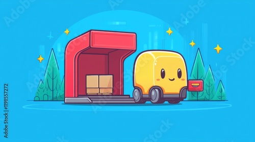 Delivery action by happy vehicle bright blue background animated graphic playful environment cheerful concept