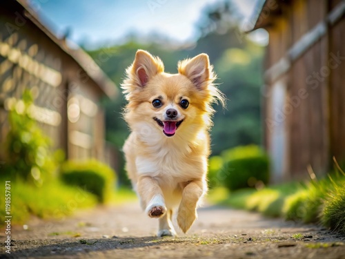 Adorable Pomchi Puppy Running Towards Camera on Surrey Farm Path photo