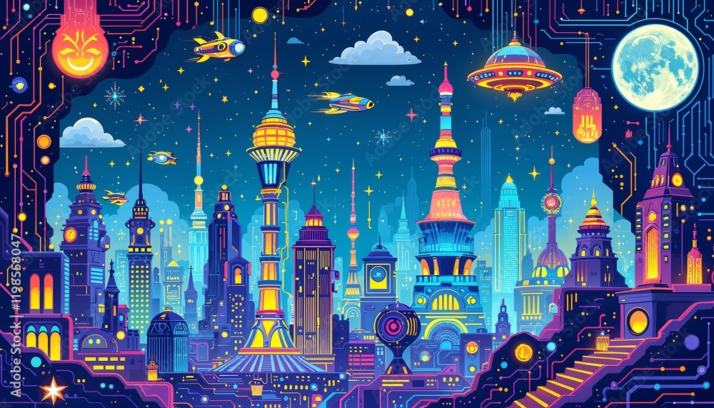 Obraz premium Futuristic Nightscape: A vibrant, neon-lit city skyline under a starry sky, showcasing advanced technology and whimsical architecture.