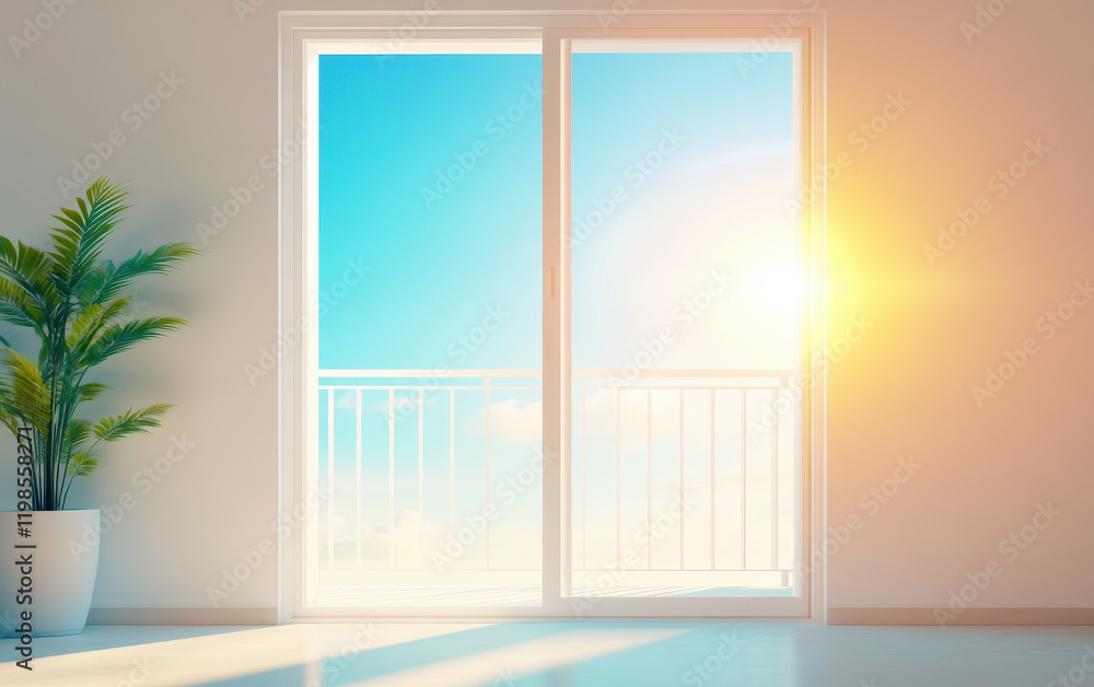 Fototapeta premium bright and airy modern living space featuring large glass door opening to sunlit balcony with ocean views. potted plant adds touch of nature to serene atmosphere