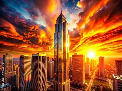 Dramatic Skyscraper Silhouette Against a Fiery Sunset Explosion