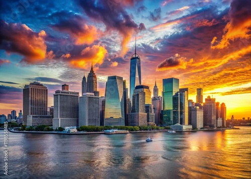 Dramatic Skyscraper Skyline at Sunset, Financial District, Manhattan