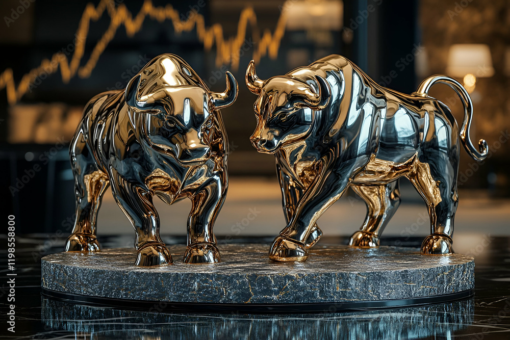 Fototapeta premium Gold bulls facing, stock market chart background