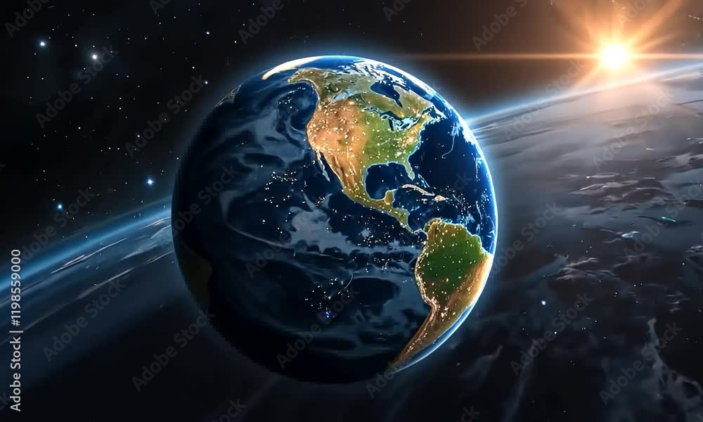 Beautiful earth planet scene. Space Zoom spinning view, Concept of climate change, day and night, cities lights, sunrise. World planet satellite,Stars, nebula and galaxy black background Beautiful earth planet scene. Space Zoom spinning view, Concept of climate change, day and night, cities lights, sunrise. World planet satellite,Stars, nebula and galaxy black background