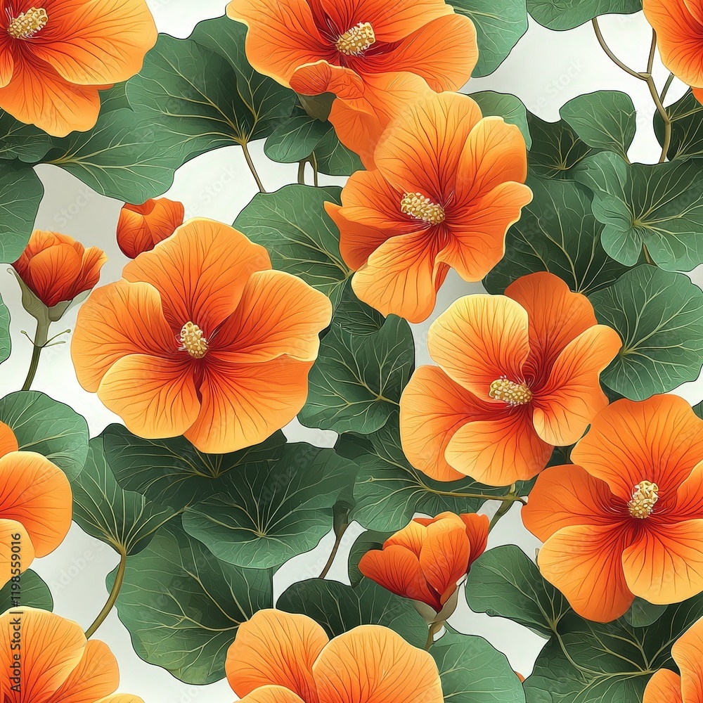 Nasturtium flower plant flora bloom botany seamless pattern ornament design, tile Nasturtium flower plant flora bloom botany seamless pattern ornament design, tile