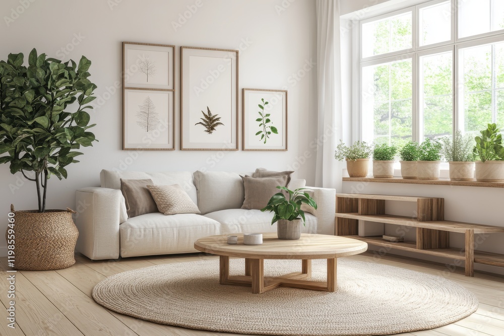 Modern minimalist living room neutral tones large corner sofa soft lighting potted plant round coffee table Modern minimalist living room neutral tones large corner sofa soft lighting potted plant round coffee table