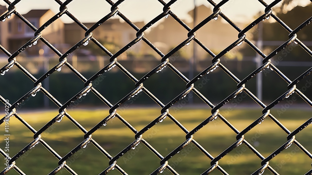 A close-up of a chain-link fence with dew on the metal links, the yard lush with green grass, the distant neighborhood softened by warm afternoon light, evoking a feeling of peaceful but defined A close-up of a chain-link fence with dew on the metal links, the yard lush with green grass, the distant neighborhood softened by warm afternoon light, evoking a feeling of peaceful but defined