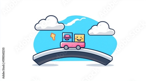 Joyful journey of animated characters in a vibrant landscape with clouds digital art playful perspective