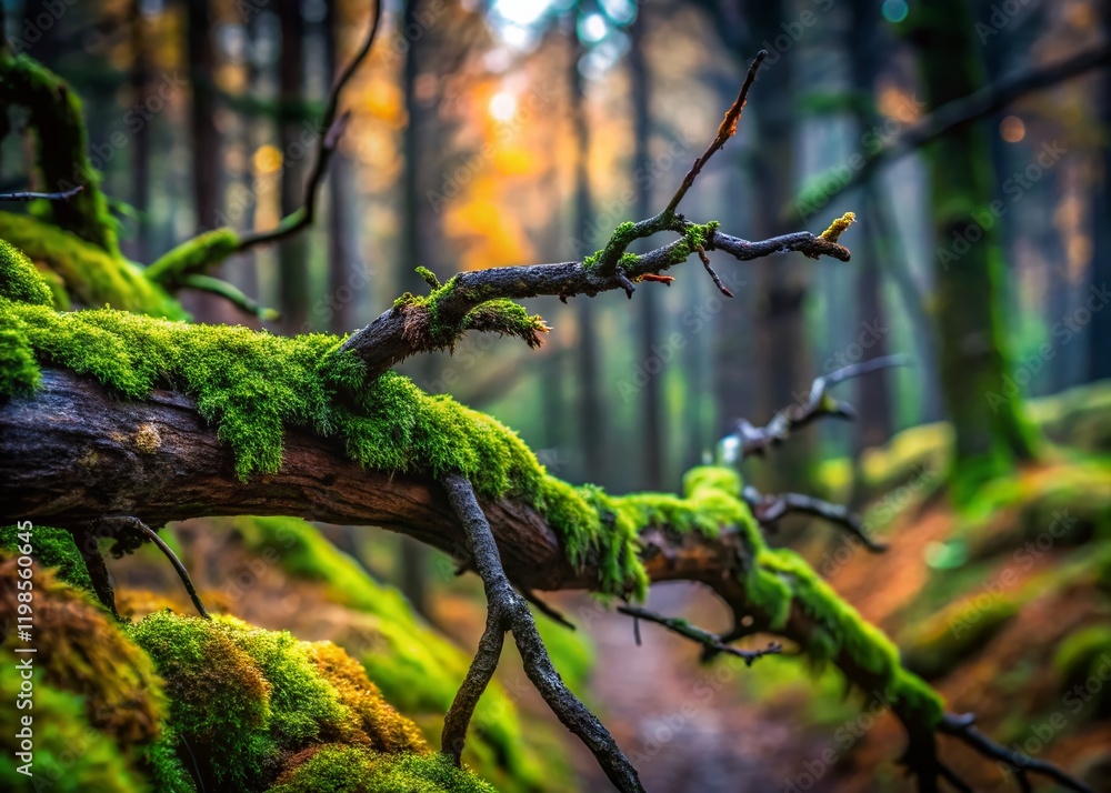 Dry Black Tree Branch on Mossy Stone - Forest Ecology Background Dry Black Tree Branch on Mossy Stone - Forest Ecology Background