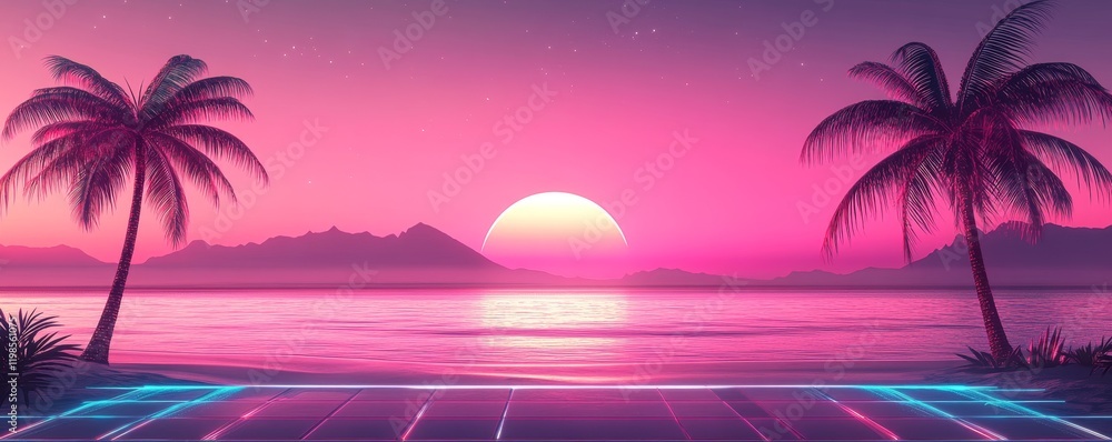 Fototapeta premium Retro sunset beach scene with palm trees and neon lights.