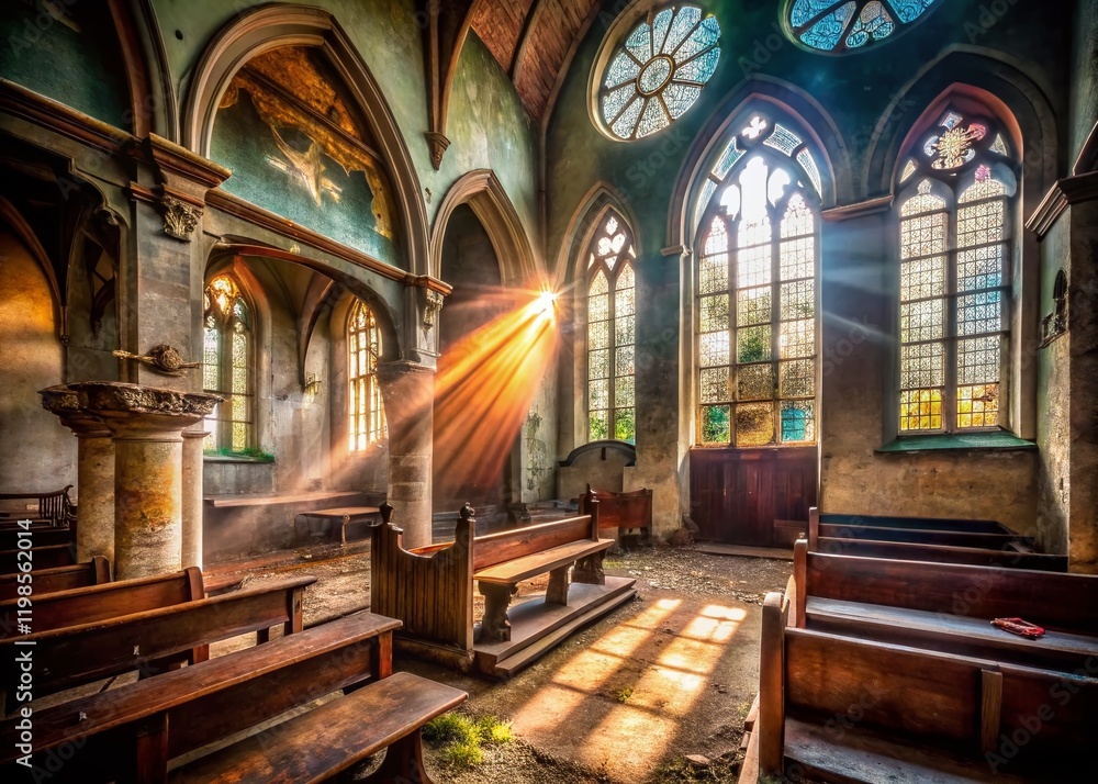 Fototapeta premium Eerie Abandoned Church Interior: Sunbeams Illuminate Decaying Sanctuary