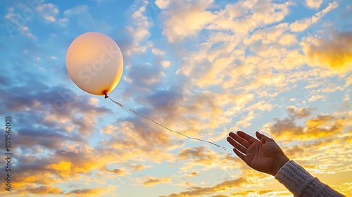 A close-up of a hand releasing a balloon into the sky at sunrise, soft warm light illuminating the scene, pastel clouds in the background, a feeling of letting go and embracing new beginnings