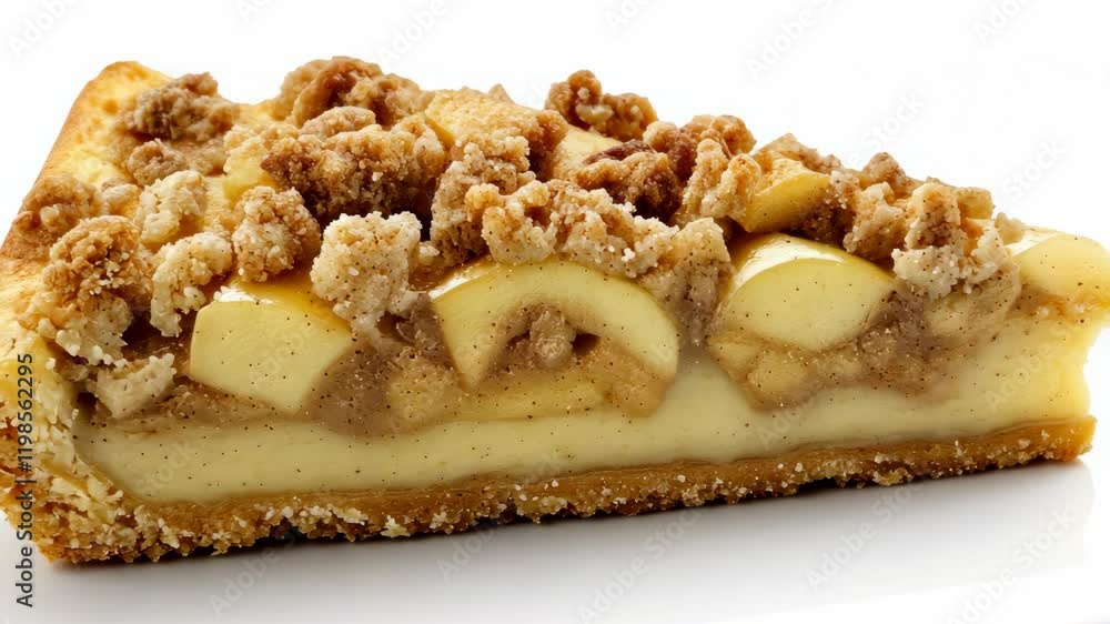 Slice of delicious apple pie with crumb topping showcasing layers of spiced apples and creamy filling Slice of delicious apple pie with crumb topping showcasing layers of spiced apples and creamy filling