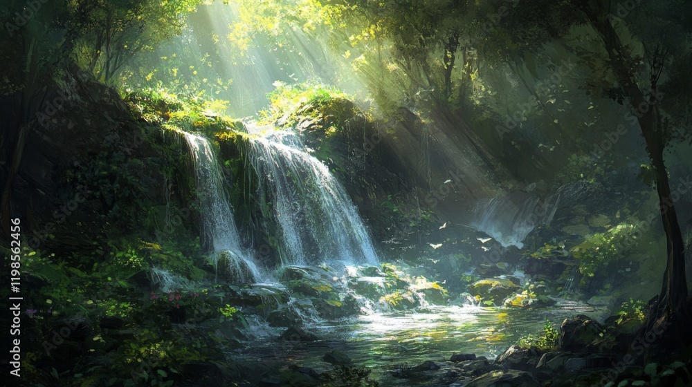 Sunlit Waterfall in Lush Forest Paradise Sunlit Waterfall in Lush Forest Paradise