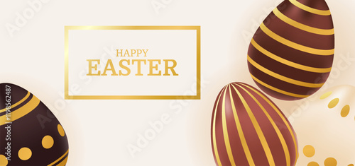 Happy Easter banner. Holiday greeting background with chocolate gold eggs. Template for advertisement, flyer, invitation, voucher. Vector illustration of brown, beige colors
