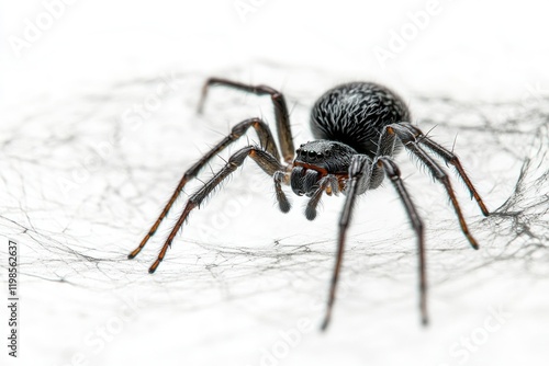 A detailed black spider perched on an intricately woven web in the upper right corner photo