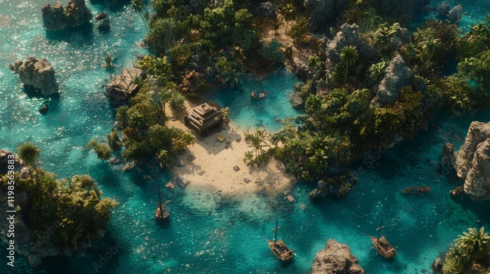Fototapeta premium Secluded Tropical Island Cove Boats Ancient Ruins Turquoise Waters Aerial View