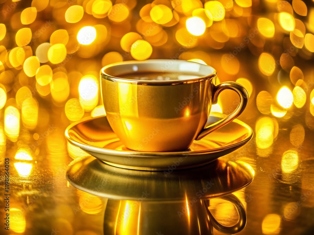Obraz premium Elegant Gold Coffee Cup Mockup with Bokeh Background - Premium Stock Photo
